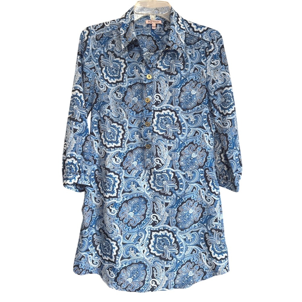 Juicy Couture Womens Blue Paisley Tunic Top XS 3/4 Sleeve Gold Logo Button Boho